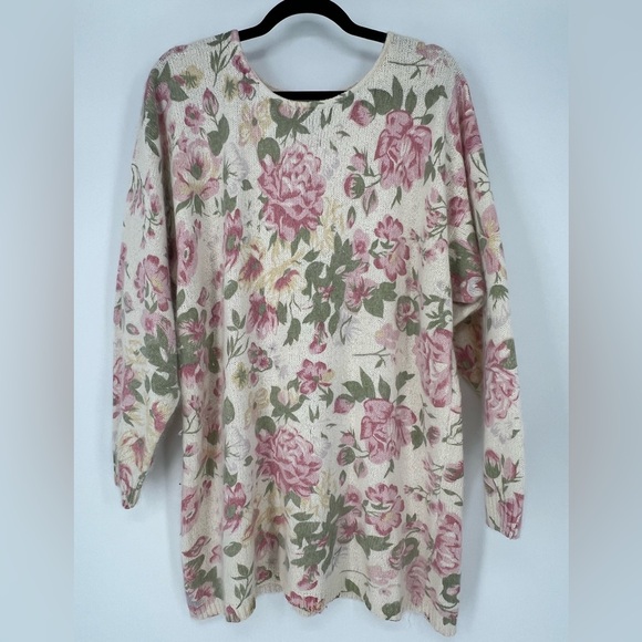 HONORS ANGORA SILK BLEND VINTAGE Floral‎ Knit Sweater in Pink Cream  and Green - Picture 1 of 6